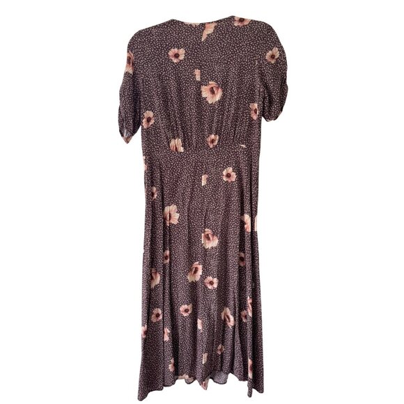H&M Womens Floral V-Neck Midi Dress Size 6 Brown & Pink Rayon Lightweight - Picture 13 of 15